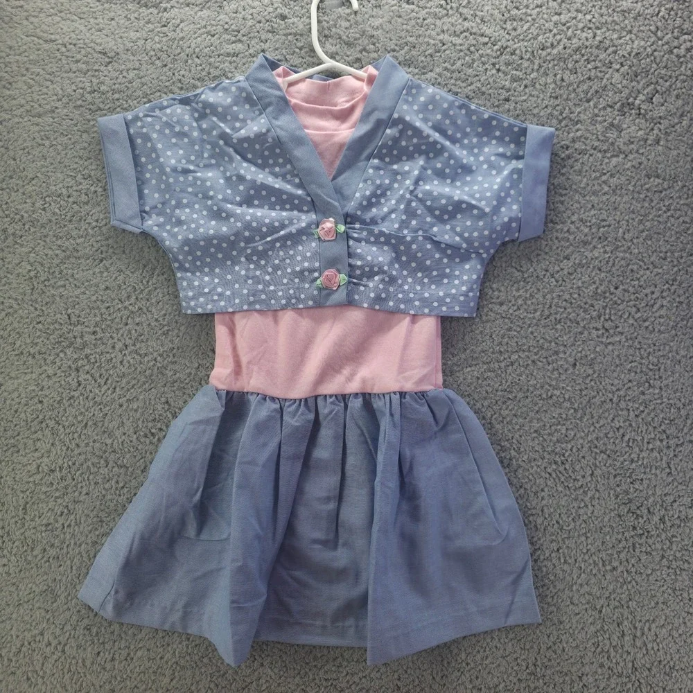 Main Chic USA Girls Blue Polka Dot Dress and Bolero Jacket Set Pink Size 6X 90s